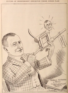 A cartoon from the Exhibitor's Herald depicts Adolph Zukor assuming control over independent theather owners.