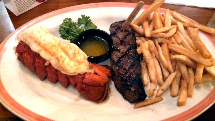 Lobster, steak and chips