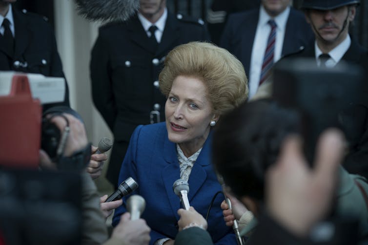 Margaret Thatcher talks to the press