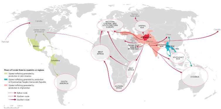 A graph shows the Afghan opiate trade's global reach.