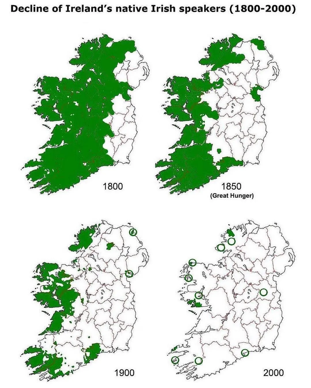 Map of the Day: Decline of the Irish language 1800-2000