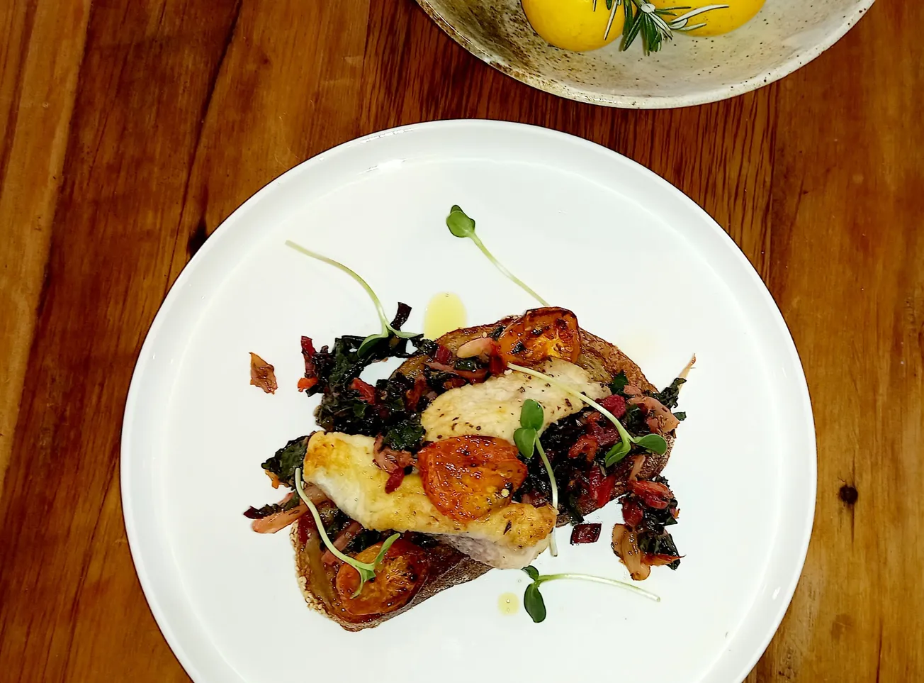 Nosh Thyme: Braised Fennel, Rainbow Chard with Lemon and Chilli on Bruschetta, with Pan Fried Gurnard and Roasted Tomatoes