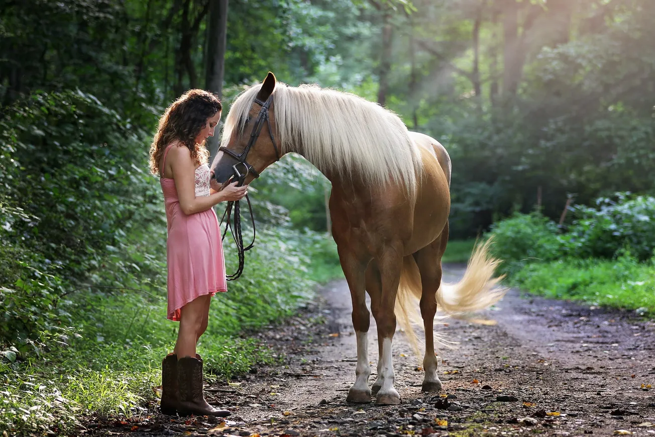 Woman Wearing Pink Dress Standing Next to Brown Horse