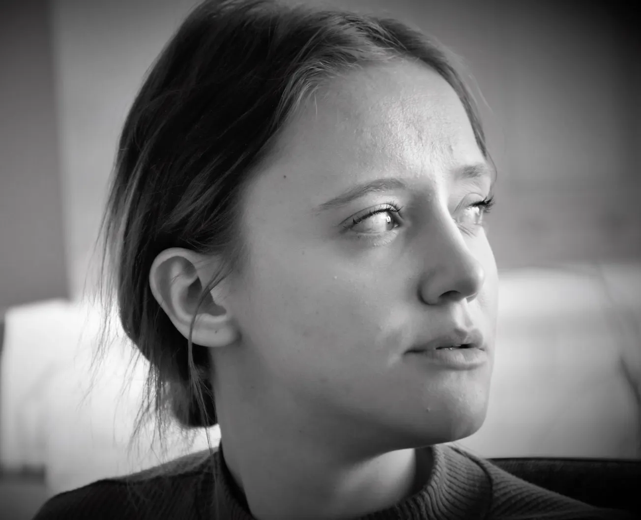 grayscale photo of woman wearing top