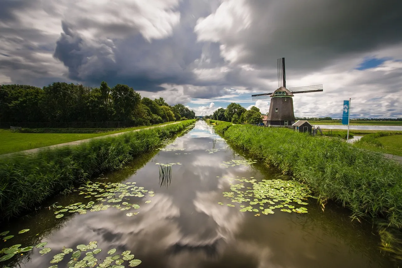 clouds, water, windmill