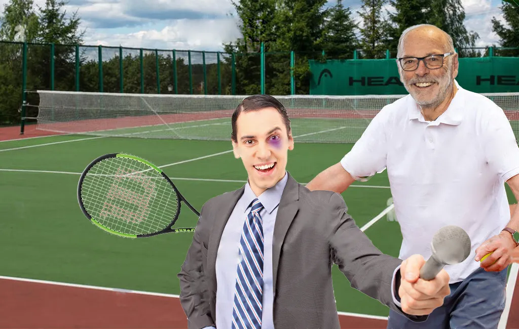 Old Man with Tennis Racket Hits Journalist