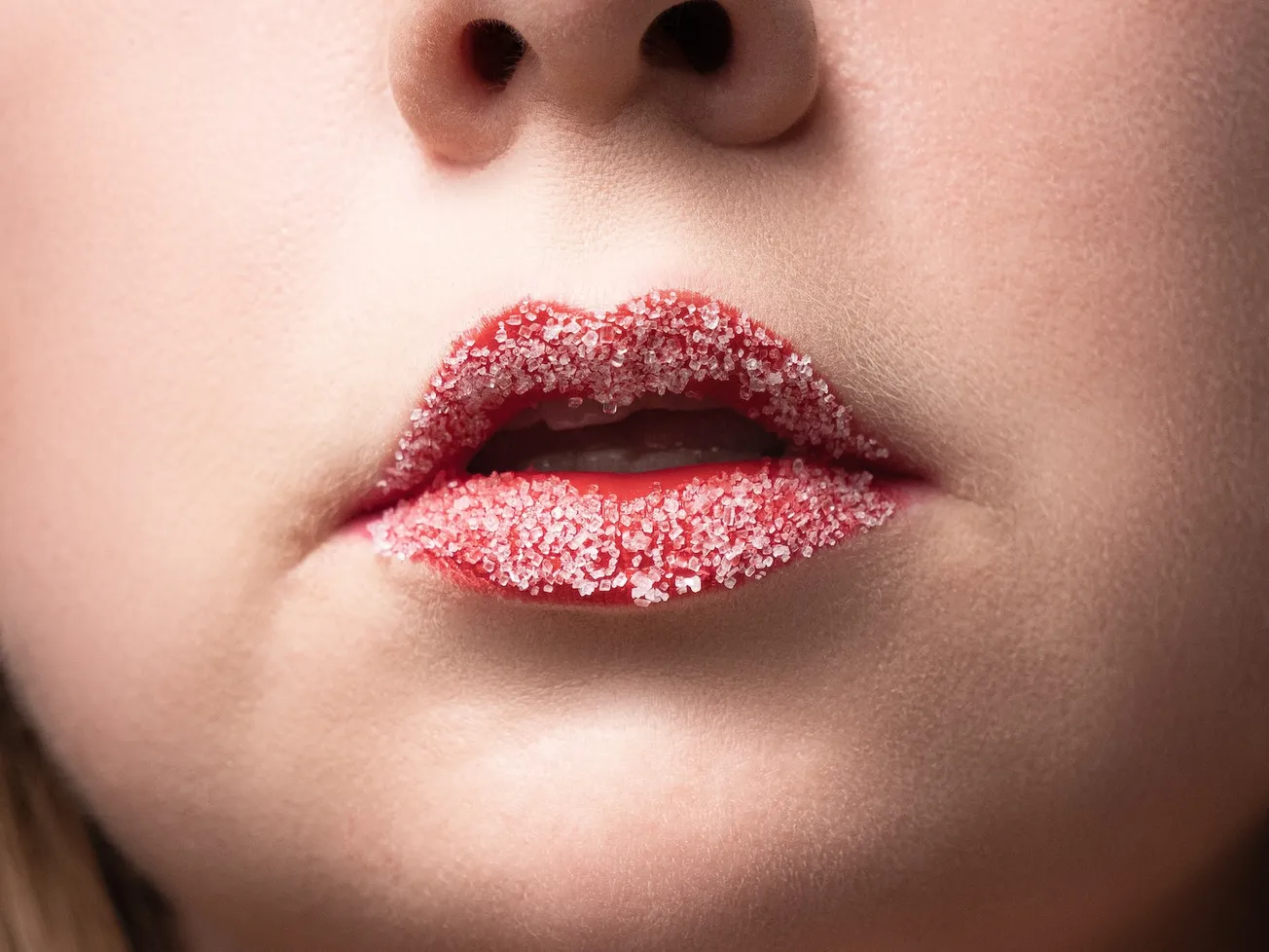 person with red lipstick and red lipstick